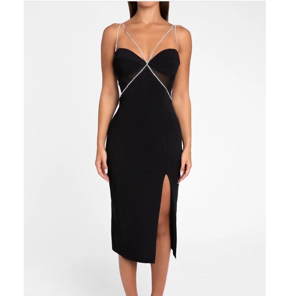 Heiress Beverly Hills‎ Black Diamanté Strap Cutout Slit Midi Dress XS Boho NWT